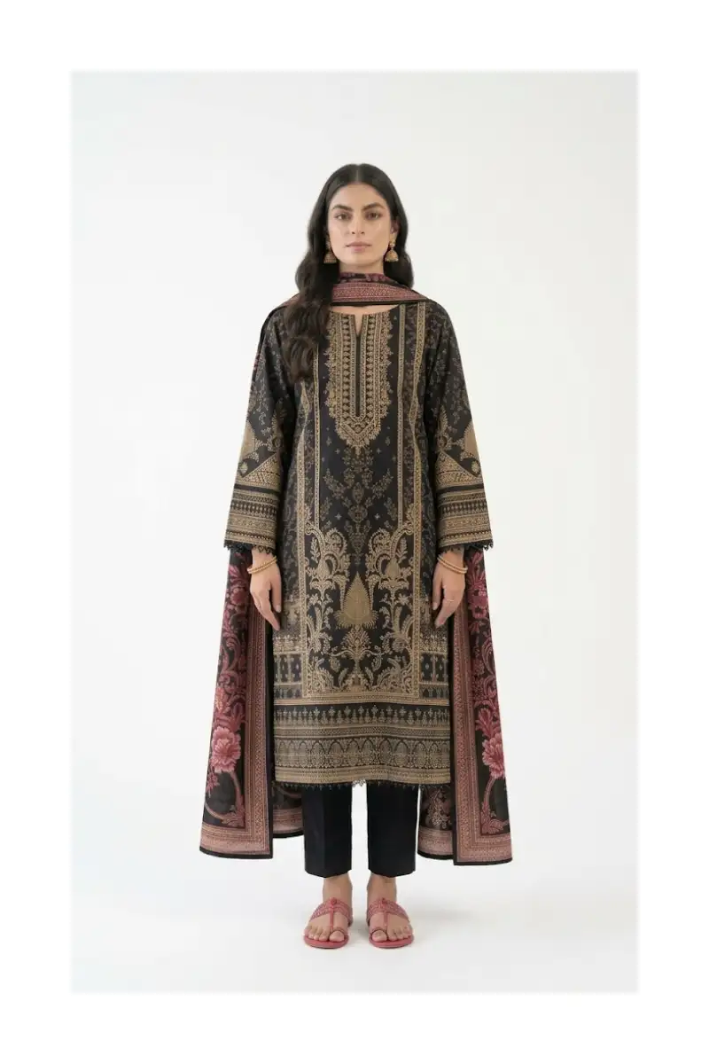 3-Piece Printed Cambric Suit Black Front