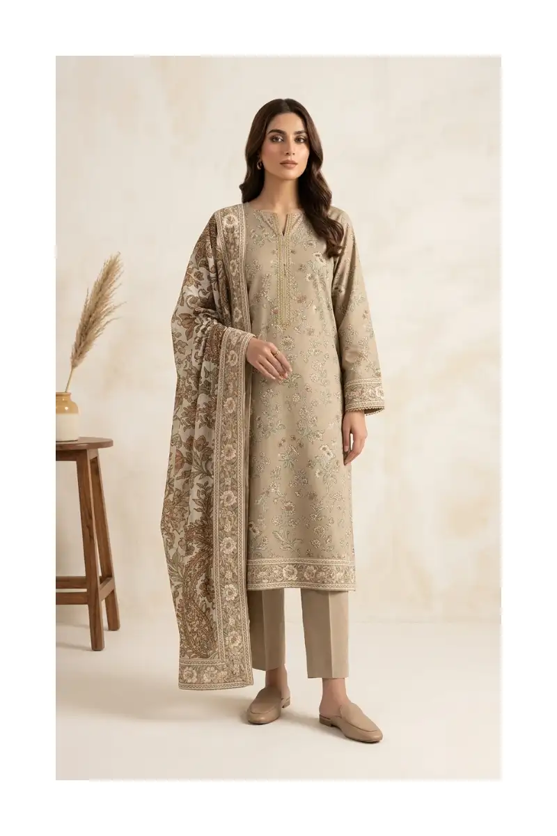 Muted Beige Floral Unstitched Lawn Suit Front