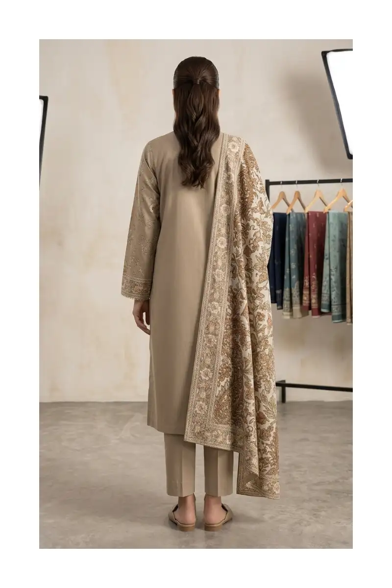 Alternative view of Stunning Breathtaking Muted Beige Floral Unstitched Lawn Suit