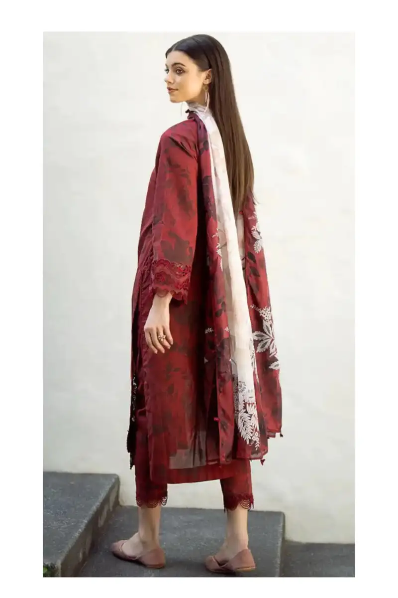 Deep Burgundy Print Unstitched Lawn Suit Back