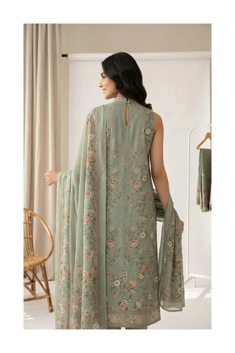 Sage Floral Bloom Unstitched Lawn Suit Back