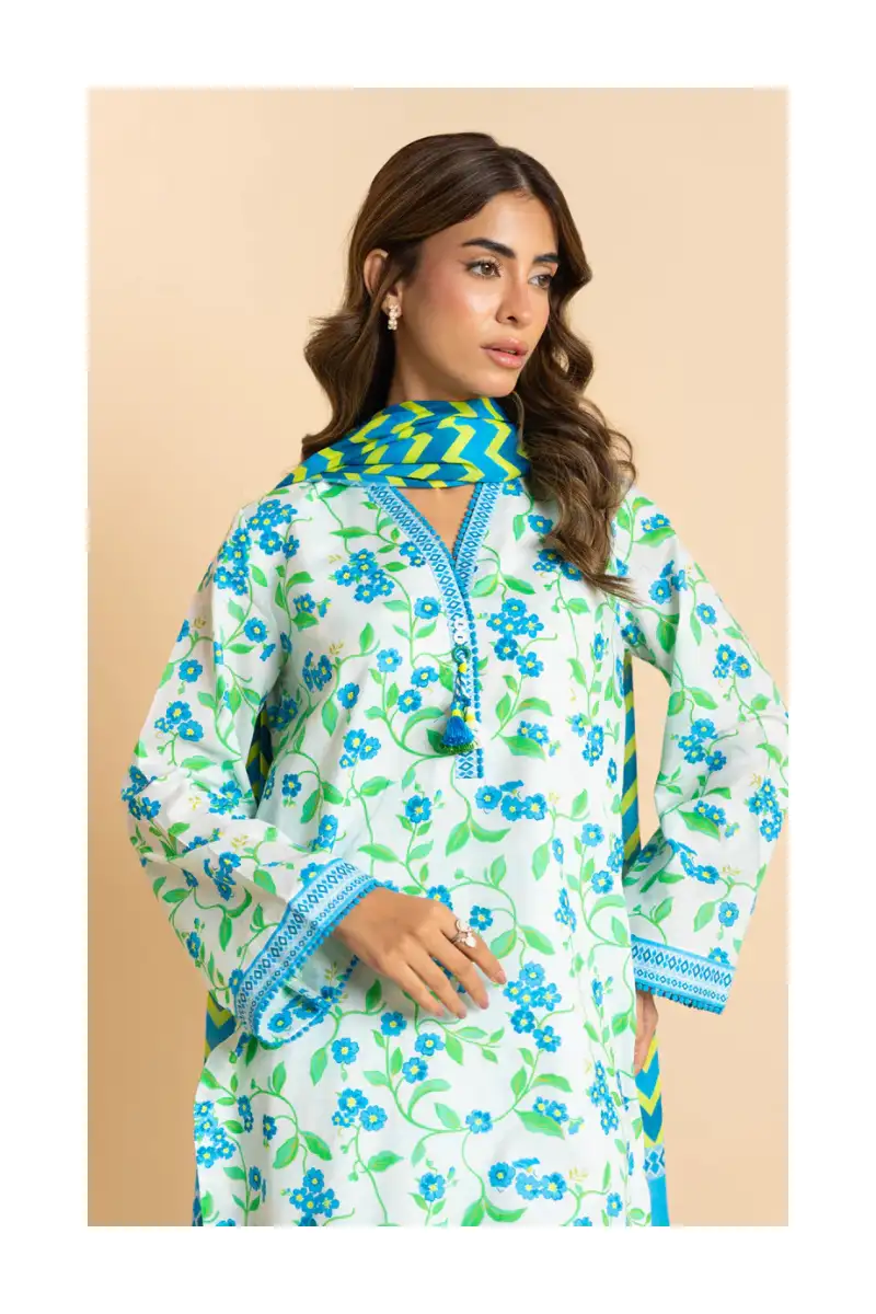 Stunning Unstitched 3-Piece Printed Lawn Suit With Lawn Dupatta - Blue 3 Unstitched 3-piece printed lawn suit close-up