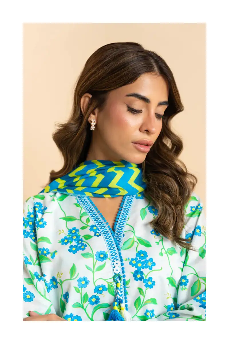 Stunning Unstitched 3-Piece Printed Lawn Suit With Lawn Dupatta - Blue 4 Unstitched 3-piece printed lawn suit close-up