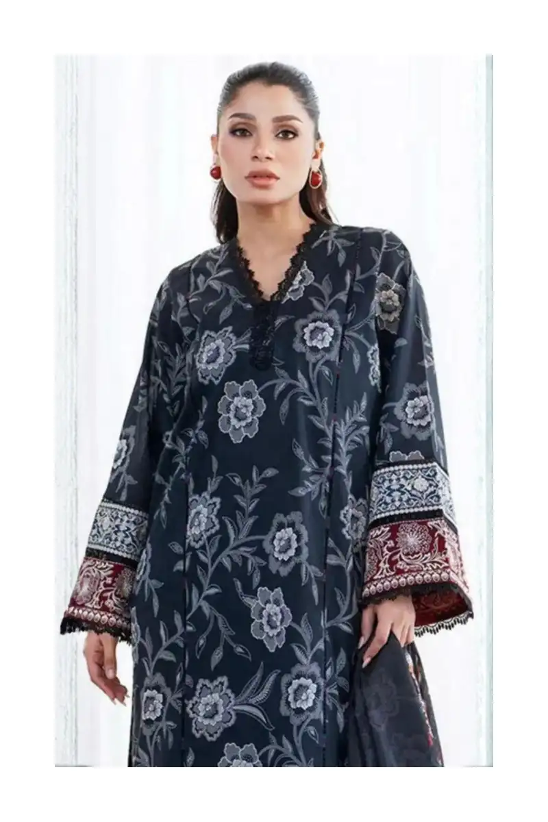 Monochrome Floral Unstitched Lawn Suit Front