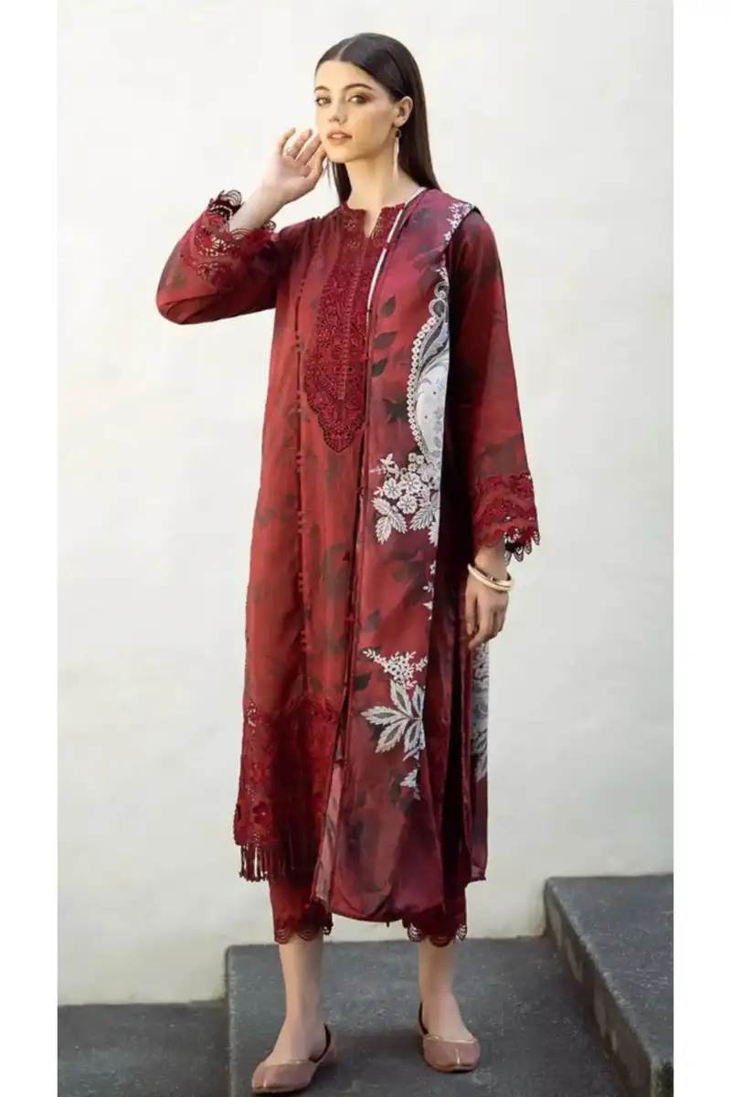 Frequently Asked Questions 3 Deep burgundy print unstitched lawn suit front