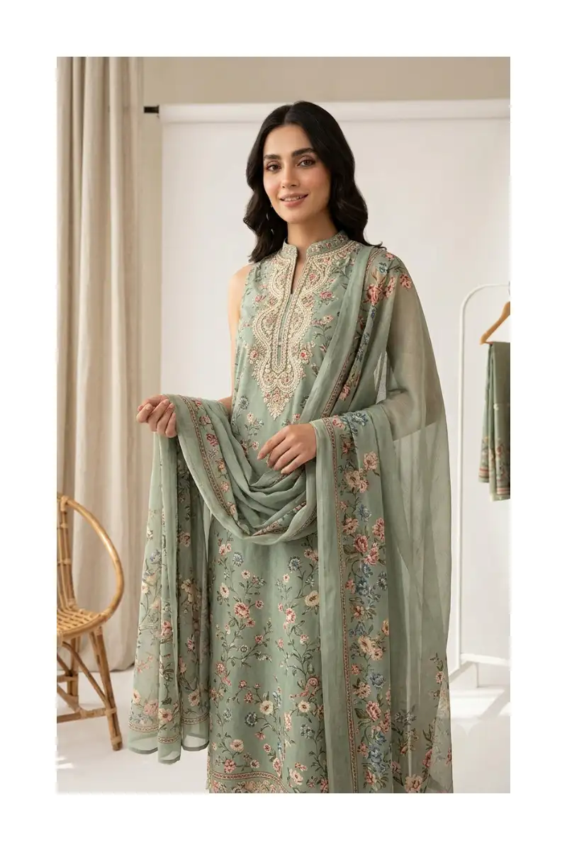 Sage Floral Bloom Unstitched Lawn Suit Front