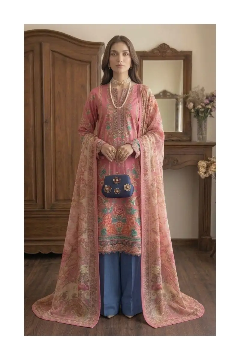 3-Piece Unstitched Lawn Chiffon Dupatta Suit