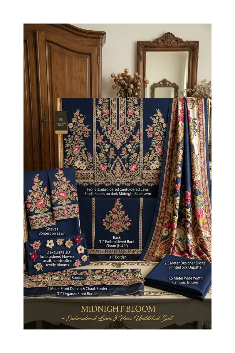 Exquisite Midnight Bloom – Embroidered Lawn 3 Piece Unstitched Suit | Stylesparrow 5 Embroidered lawn 3 piece unstitched suit full suit