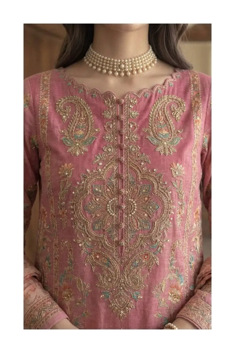 Exquisite Unstitched 3-Piece Printed Lawn Suit Pink With Chiffon Dupatta 3 Unstitched 3-piece printed lawn suit pink neck
