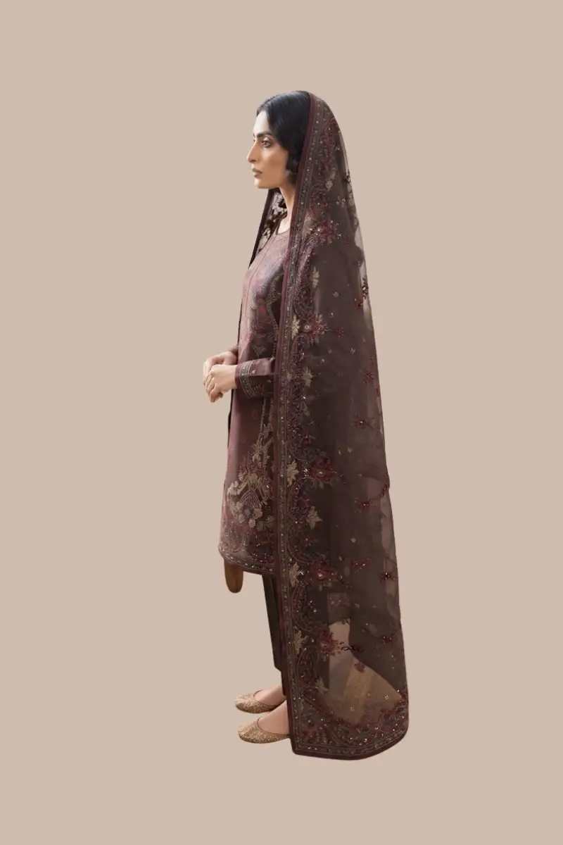 Luxury Charcoal Maroon Bloom: Luxe Lawn For Summer 2026 3 Luxury charcoal maroon bloom side