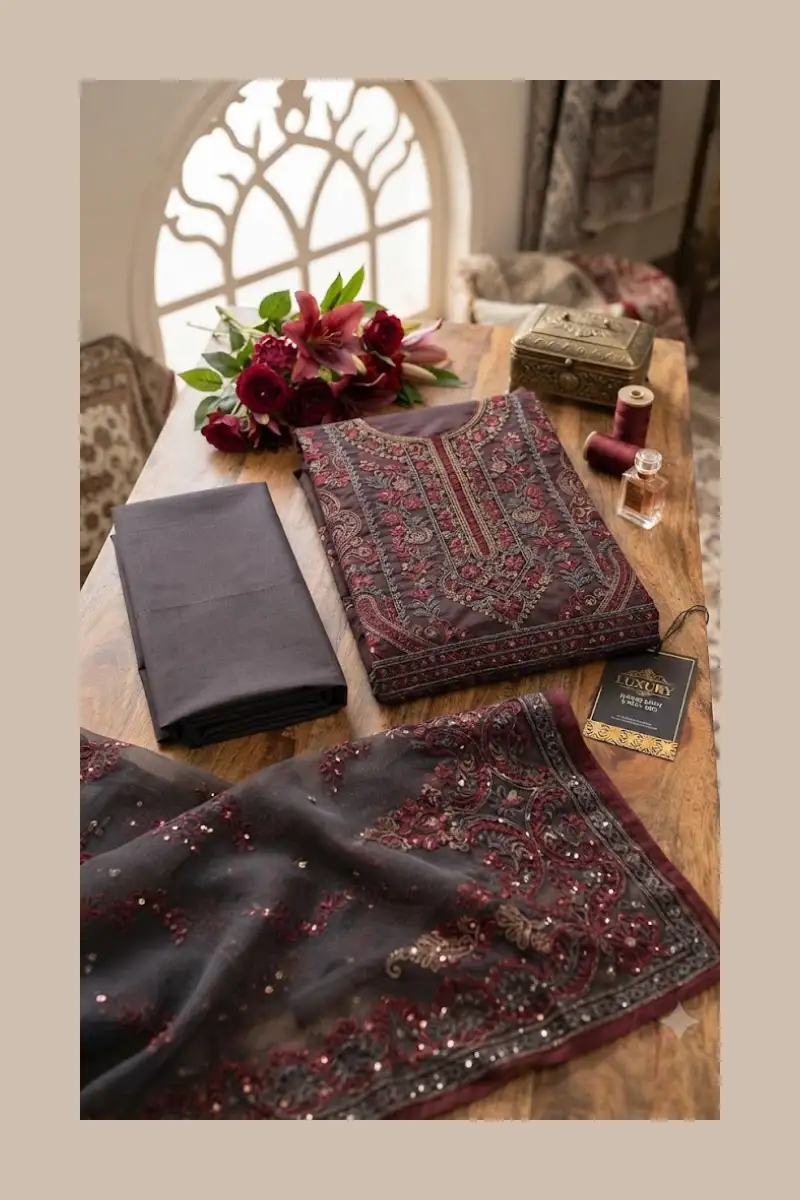 Luxury Charcoal Maroon Bloom: Luxe Lawn For Summer 2026 4 Luxury charcoal maroon bloom suit