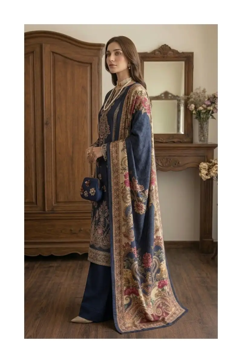 Exquisite Midnight Bloom – Embroidered Lawn 3 Piece Unstitched Suit | Stylesparrow 3 Embroidered lawn 3 piece unstitched suit 3/4 view